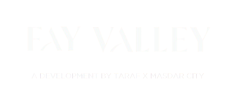Fay Valley at Masdar City Abu Dhabi luxury villas and townhouses surrounded by landscaped green spaces and wellness amenities.